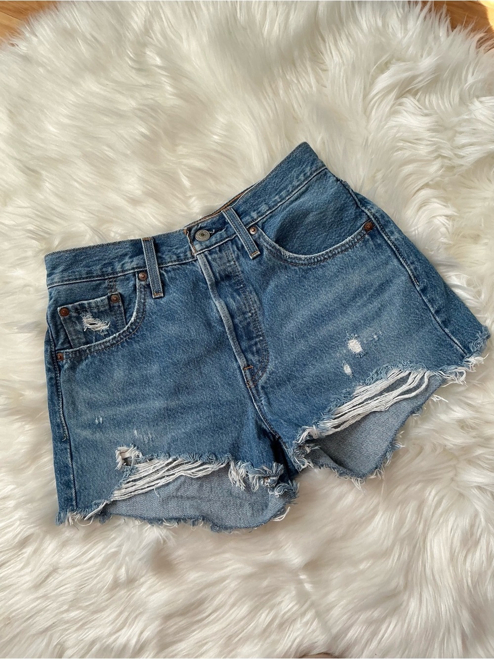 Levi's 501 Medium Blue Distressed Denim Jean Shorts Size 25
